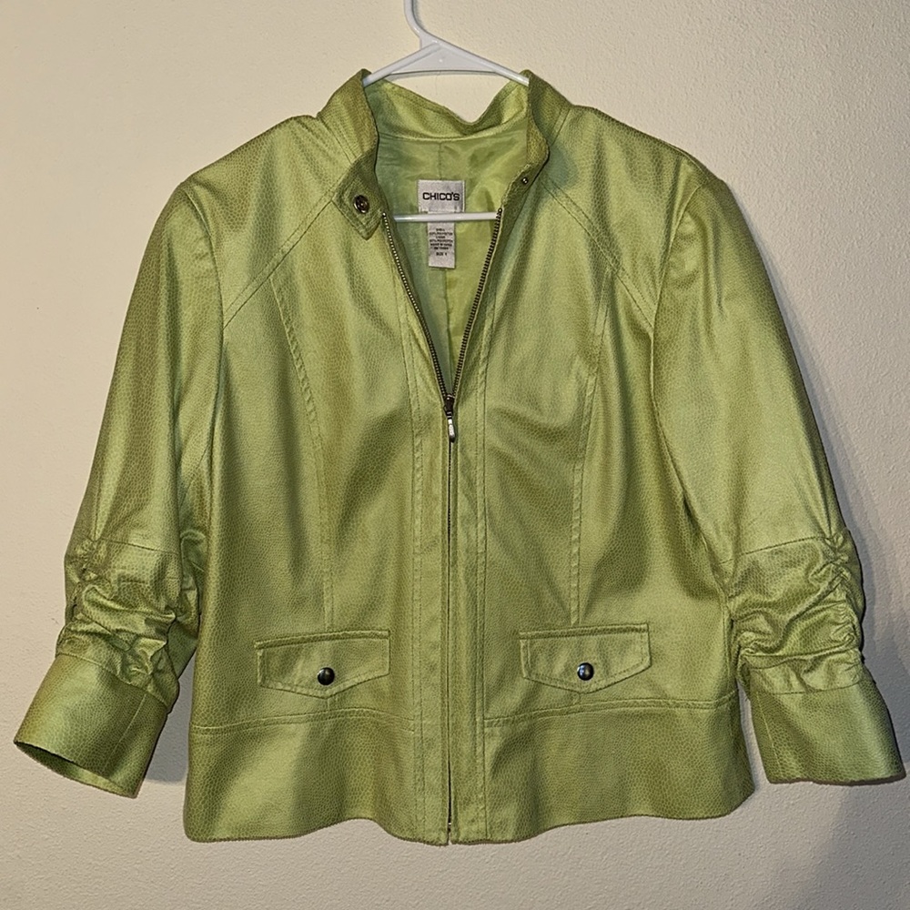 CHICO’S Womens Lime Green Neon Snake Skin Zip Jacket, Size 1 (M)